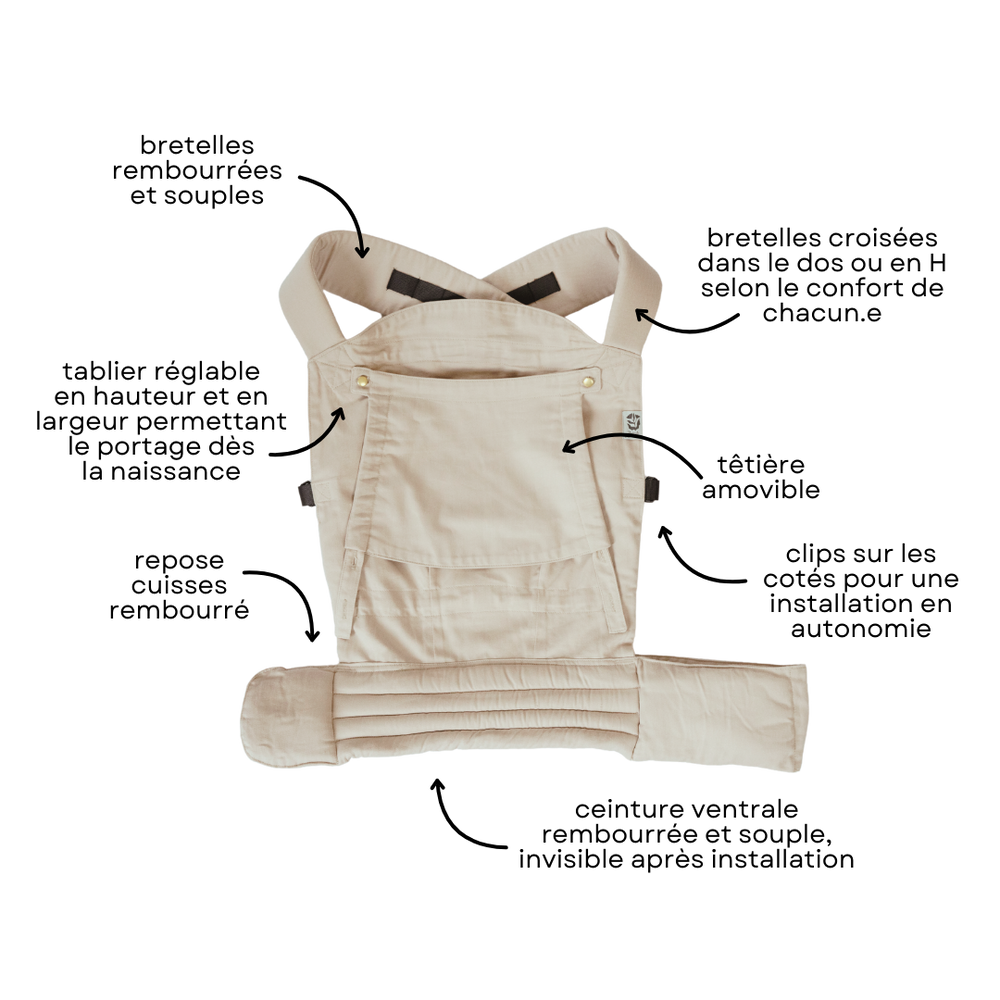Visuel de face présentant les caractéristiques du porte-bébé physiologique Exquis de Bud & Blossom : bretelles rembourrées et confortables, tablier réglable, têtière amovible, repose-cuisses rembourrés et ceinture ventrale souple, invisible après installation.